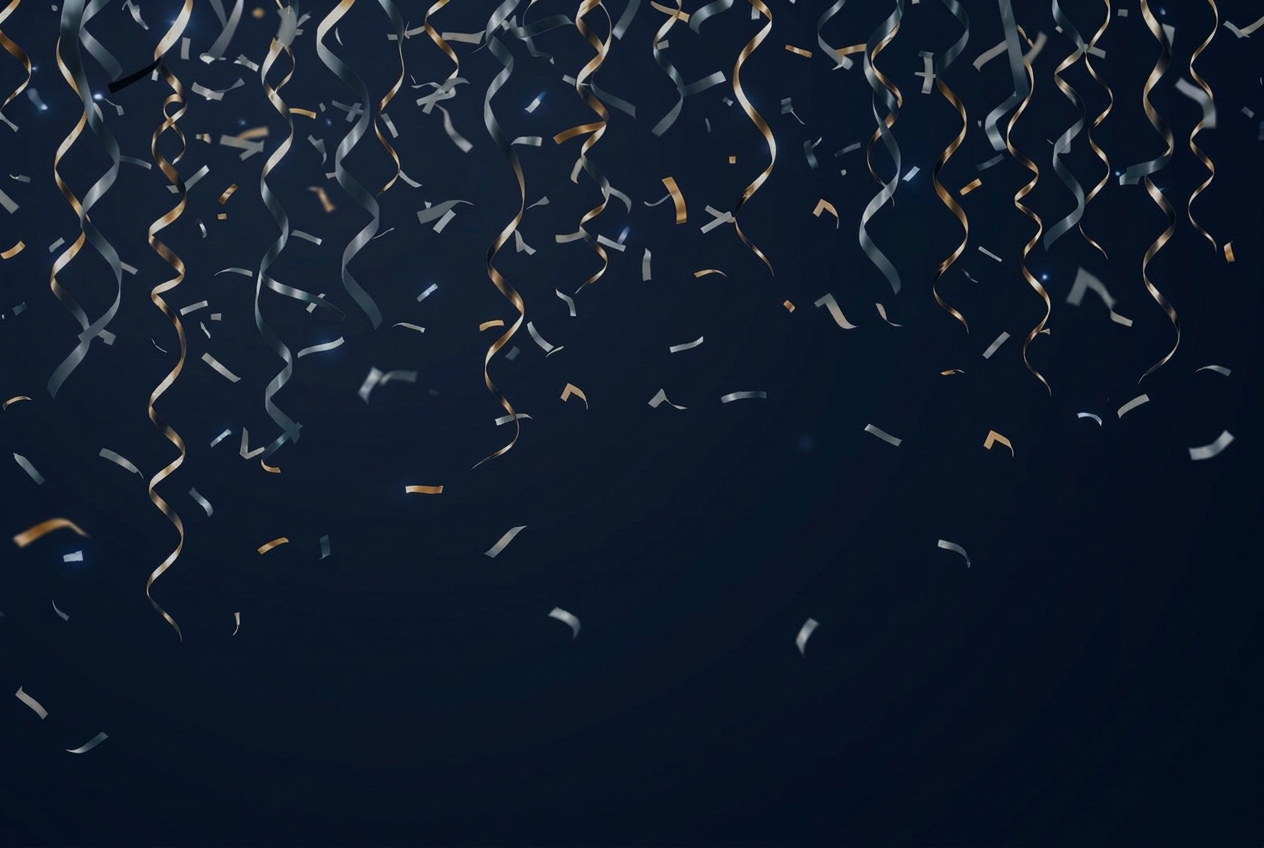 Gold and crimson confetti streamers celebrating a prize win